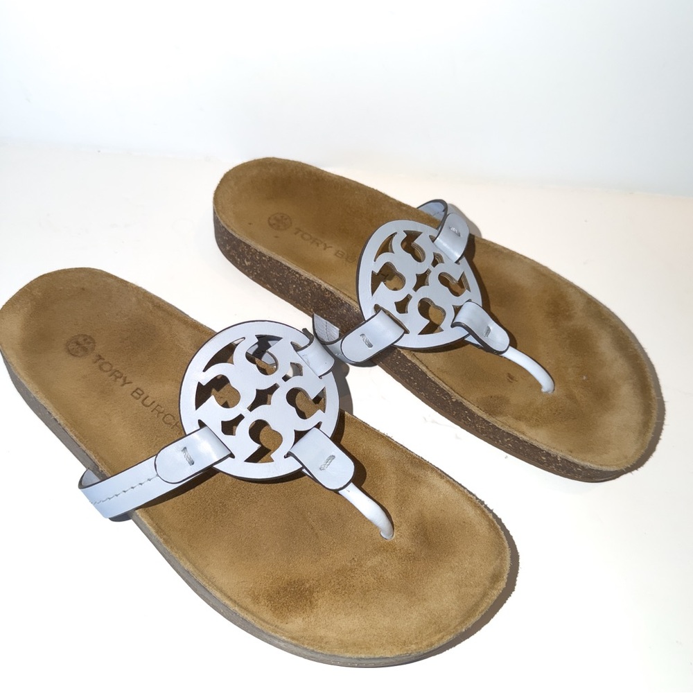 Tory Burch Miller Pale Blue Logo Thong Sandals Sz 8 Comfort Orthotic Cork Sole - Picture 9 of 10